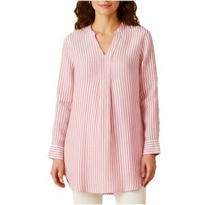 LL Bean Premium Washable Linen Striped Split Neck Tunic Shirt Size LARGE PETITE